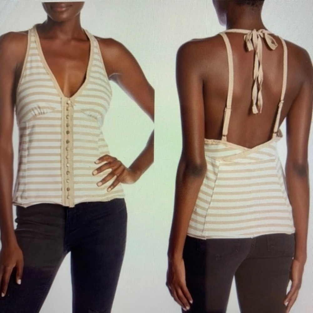 We the Free Womens large top tank Striped Tan White button tie back casual NWT